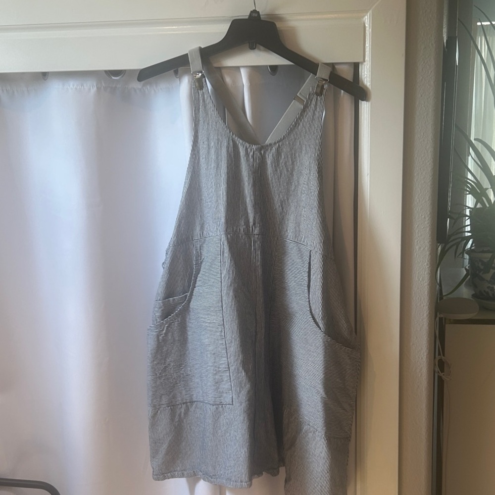 Railroad-Striped Suspender Dress with Pockets